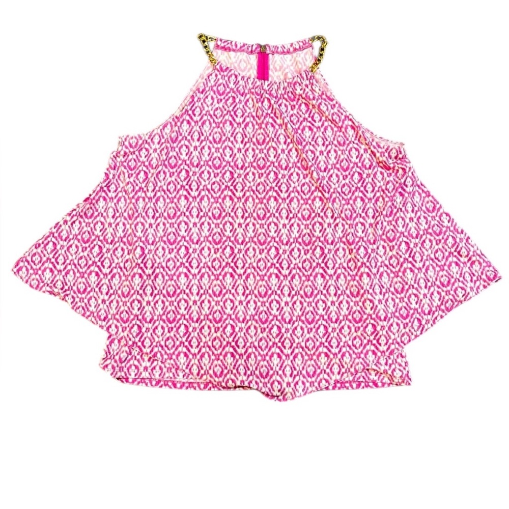 Michael Kors Pink Patterned Halter Top with Gold Chain Neckline Med/Large